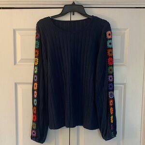 NWOT Elegant Navy Blouse with Colorful Sleeve Details